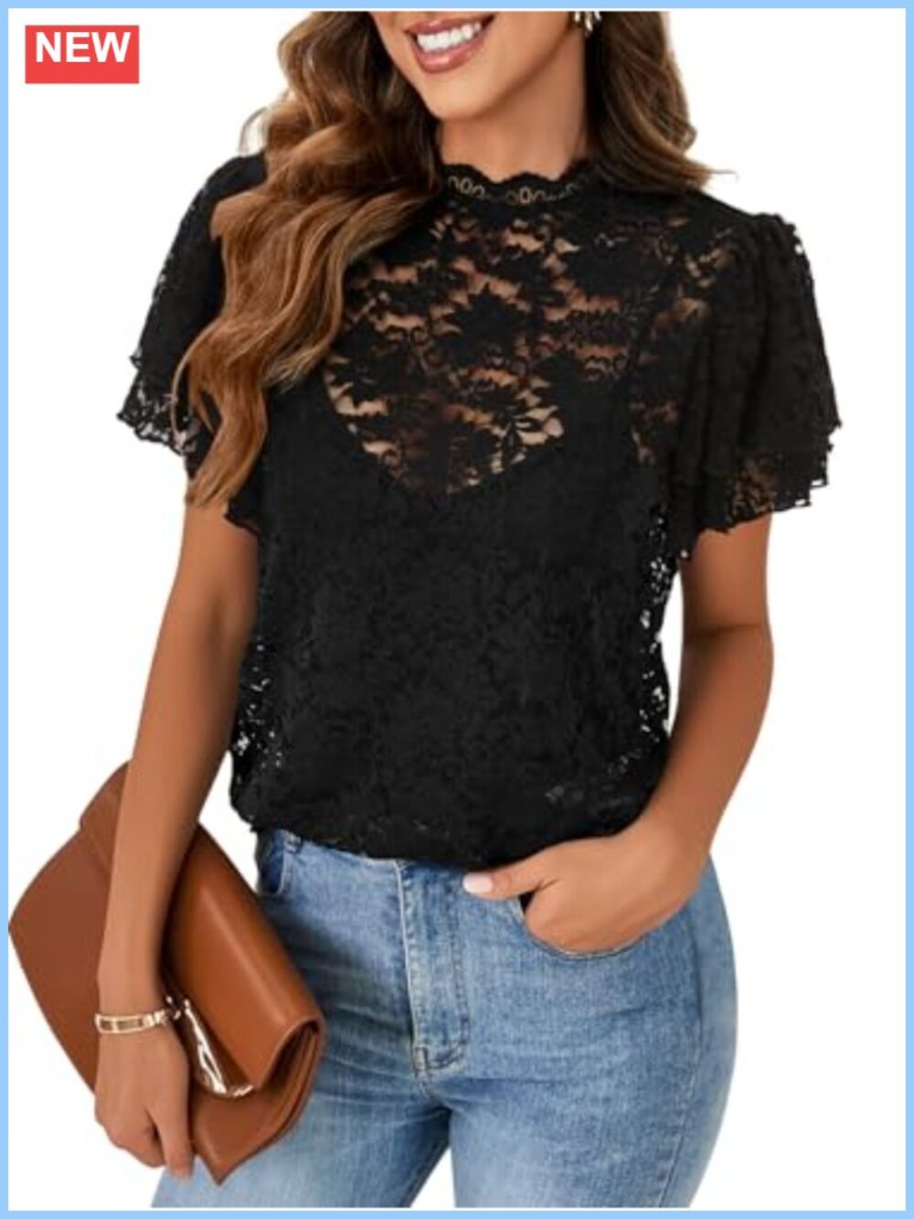 Sheer Lace Long Sleeve Blouse Scallop Mock Neck Keyhole Back